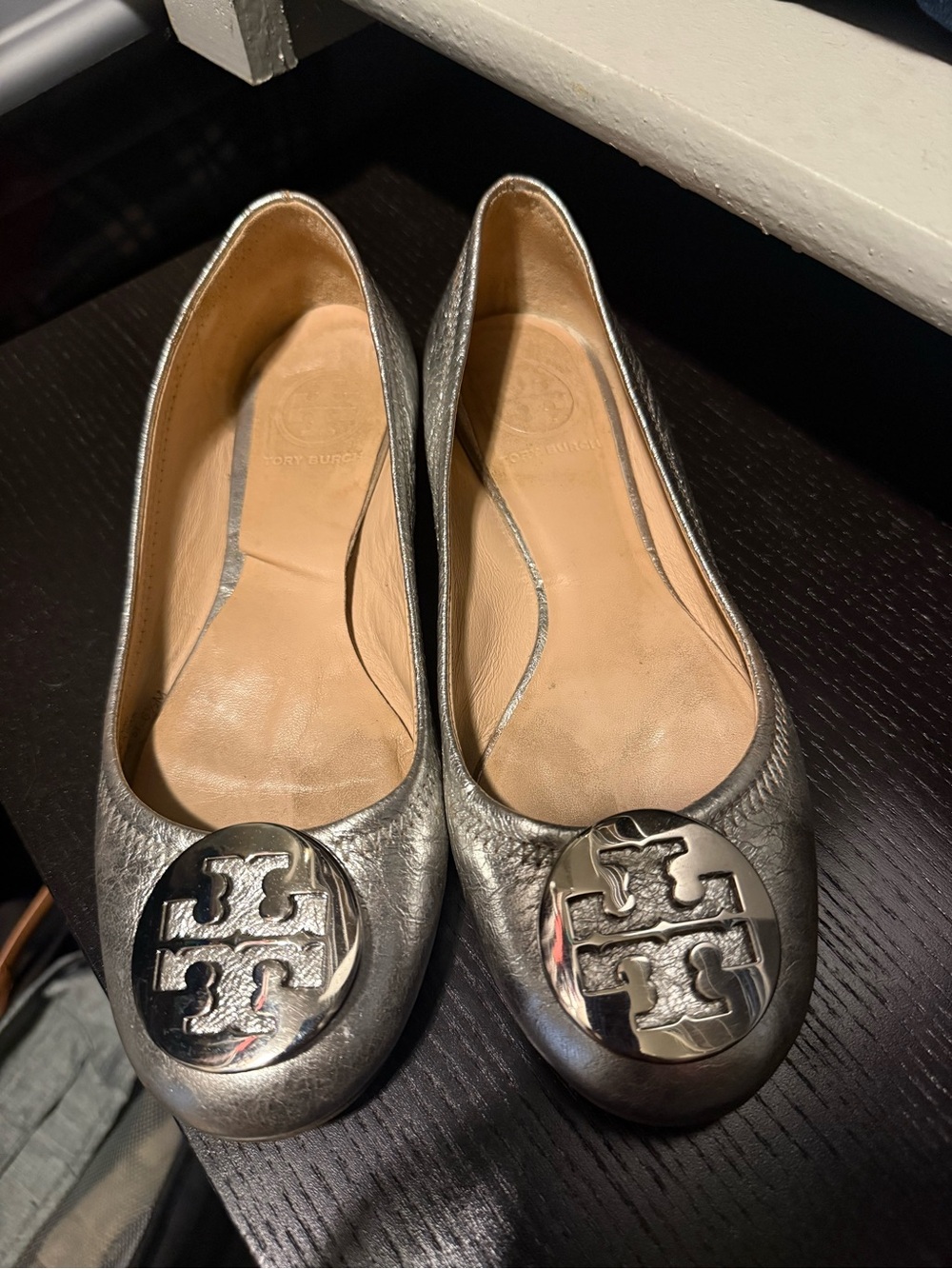 Tory Burch Metallic Silver Logo Ballet Flats